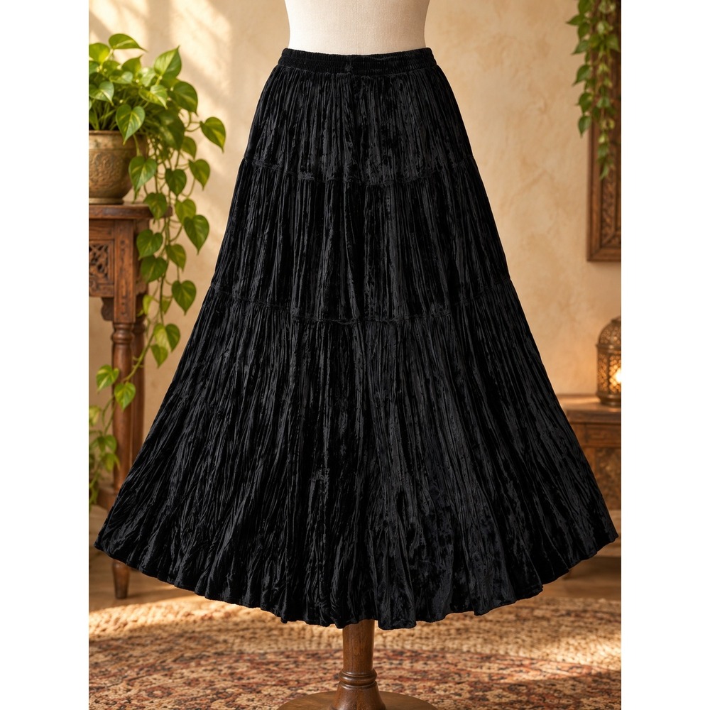 Black Velour Tiered Maxi Skirt Large Boho Witchy Whimsigoth Elastic Waist